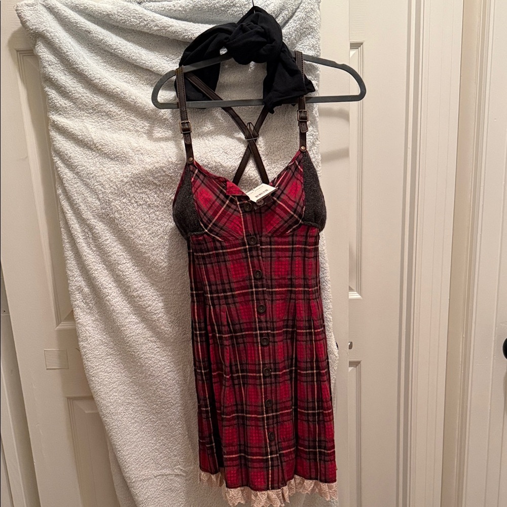 Free People Red and Black flannel dress with shirt and tights